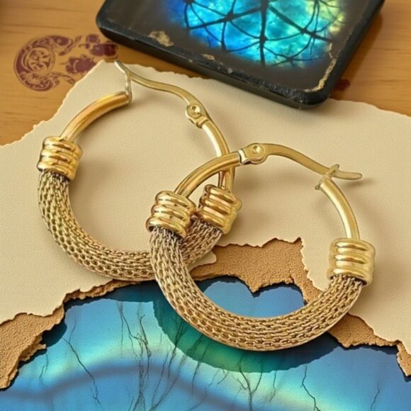 🆕️ Chic Elegance: 18K Gold Plated Stainless Steel Mesh Trendy Hoop Earrings - Picture 7 of 12